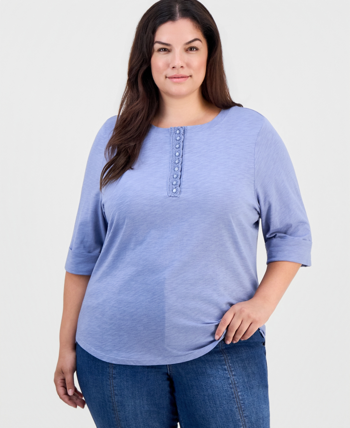 Democracy Plus Crochet 3/4-Sleeve Henley Top