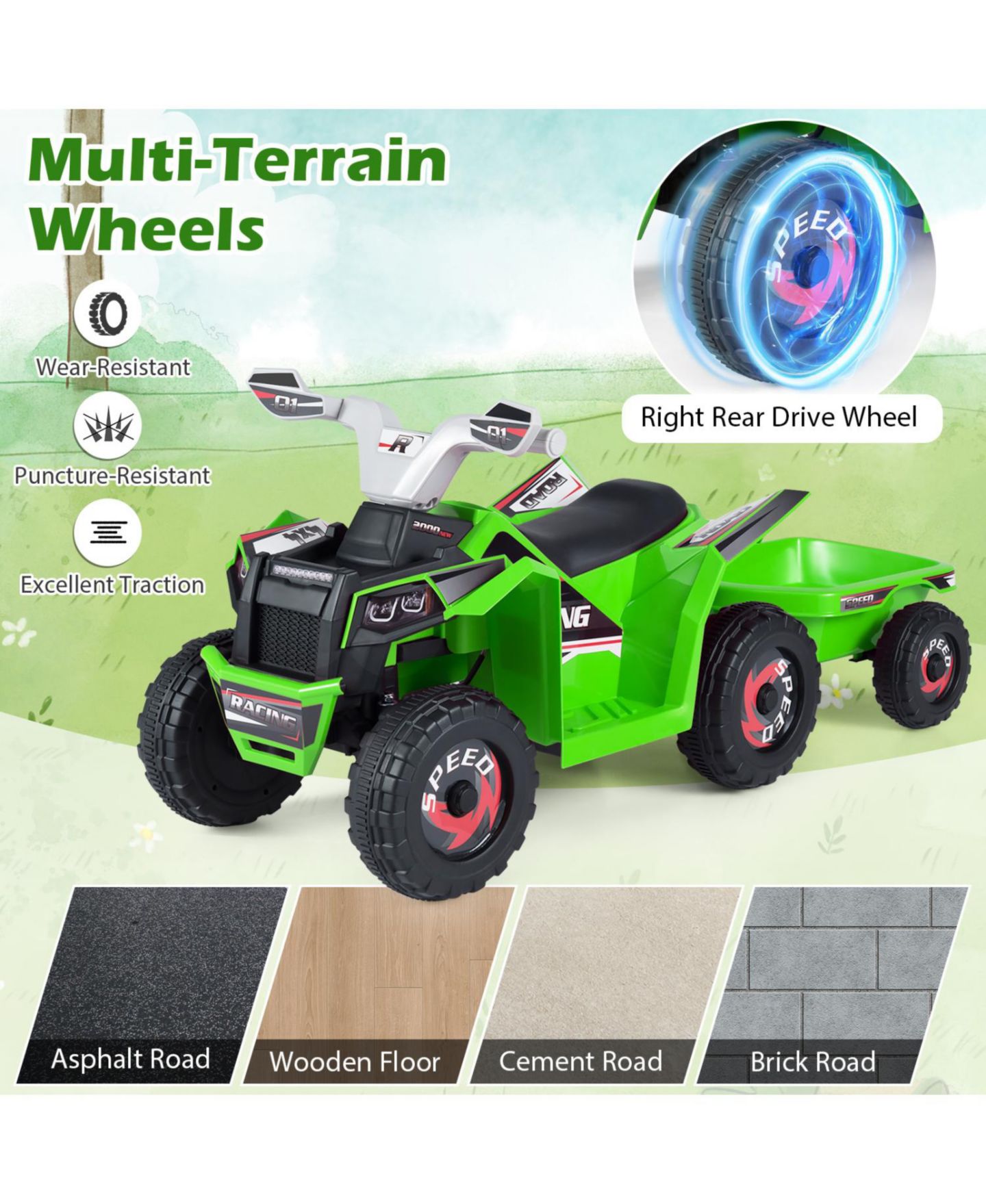 Детская игрушка Mecale 6V Kids Electric ATV Quad with Detachable Trailer, 66-lb Capacity, цвет: Зелёный — фото 9