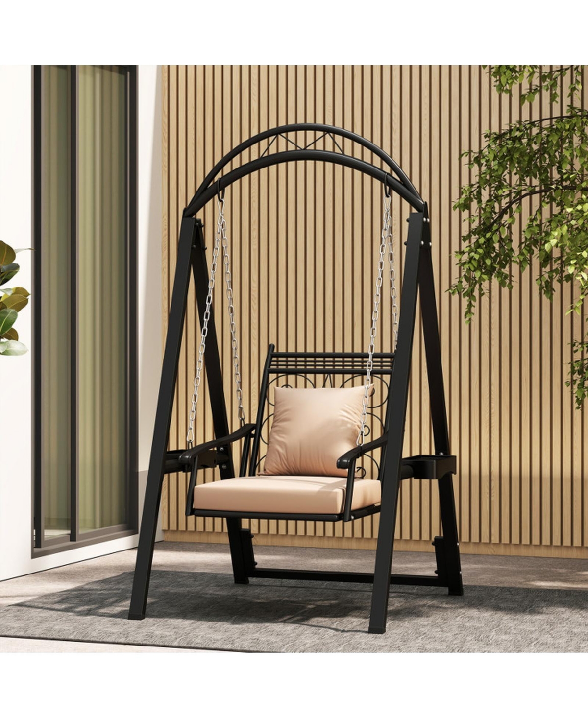 Sugift Metal Frame Porch Swing with Removable Cushions and Side Tables
