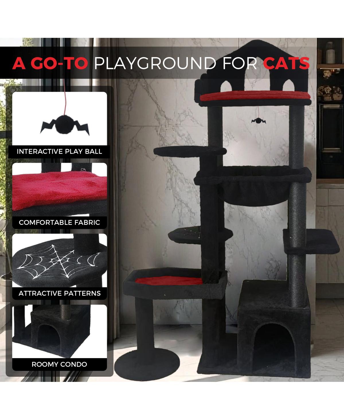 Streamdale Furniture 58in Gothic Multi-Level Cat Tree with Scratching Posts and Cave