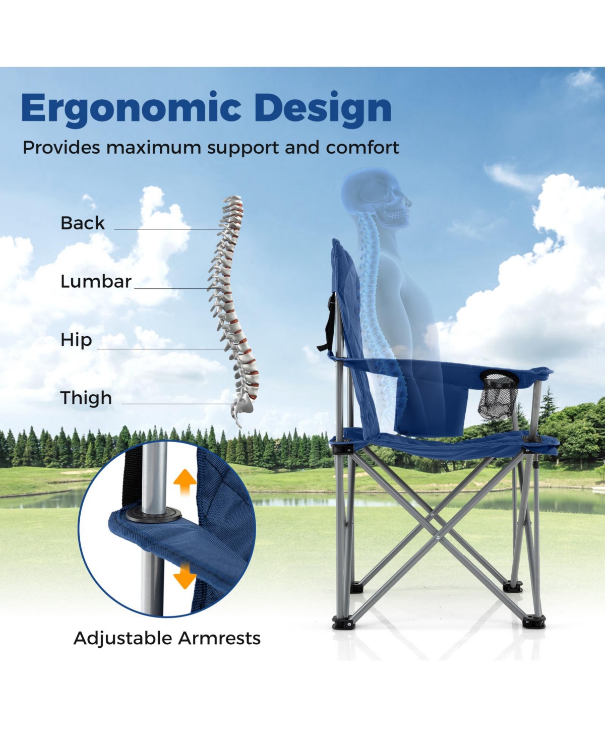 Mecale Oversized Camping Chair with Cooler Pouch and Cup Holder, 500-lb Cap