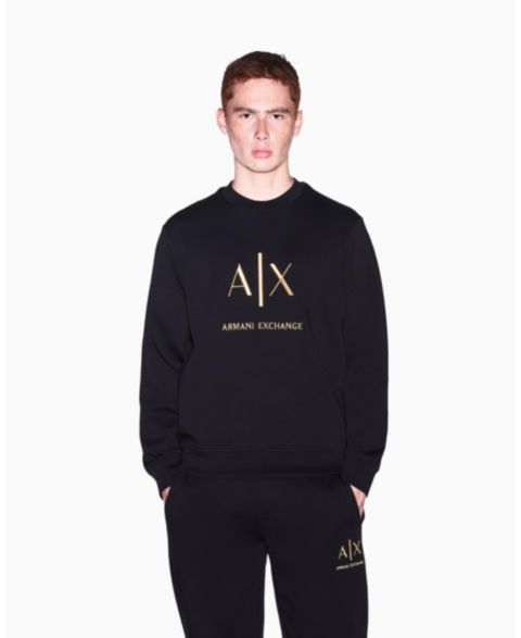 Мужская толстовка A|X Armani Exchange Black And Gold Bonded Cotton Crewneck, цвет: Чёрный