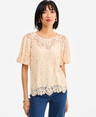 Women's Short-Sleeve Sequin Embellished Lace Blouse