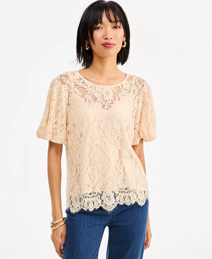 Women's Short-Sleeve Sequin Embellished Lace Blouse - thumbnail 6
