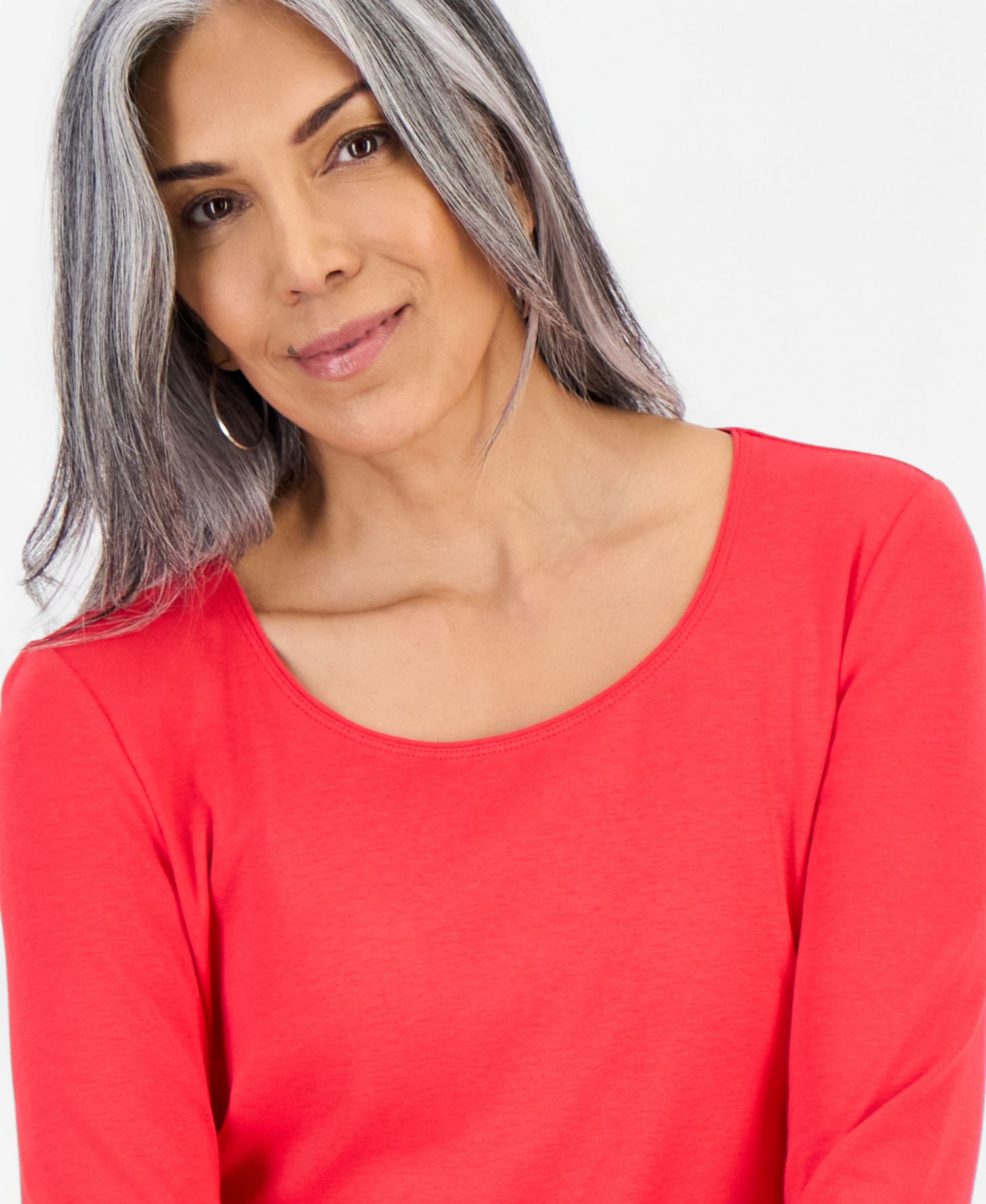 Petite Scoop-Neck Long-Sleeve Cotton Top