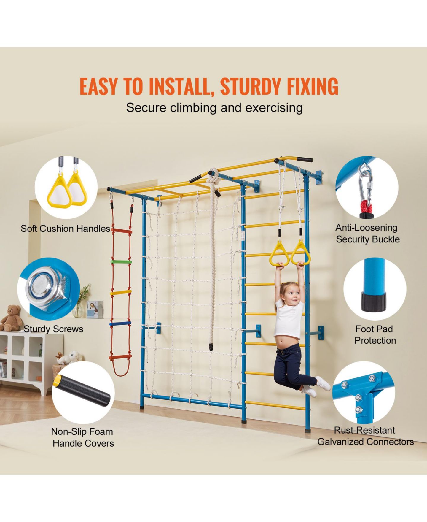 Детская игрушка VEVOR 7 in 1 Carbon Steel Wall-Mounted Climbing Gym, Supports 220 lbs, Ages 3+ — фото 7