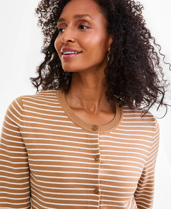 Women's Stripe Crew-Neck Button-Down Cardigan Sweater - thumbnail 3