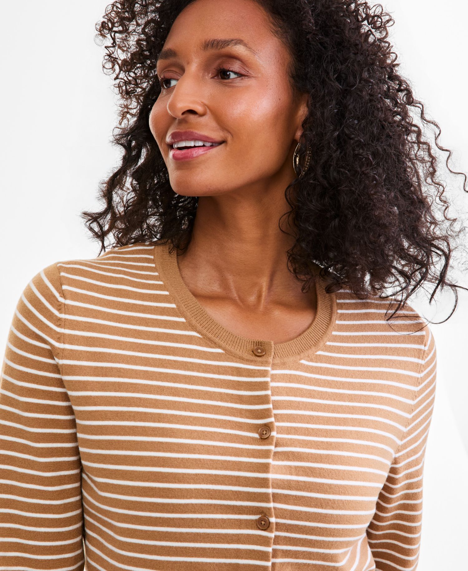 Women's Stripe Crew-Neck Button-Down Cardigan Sweater