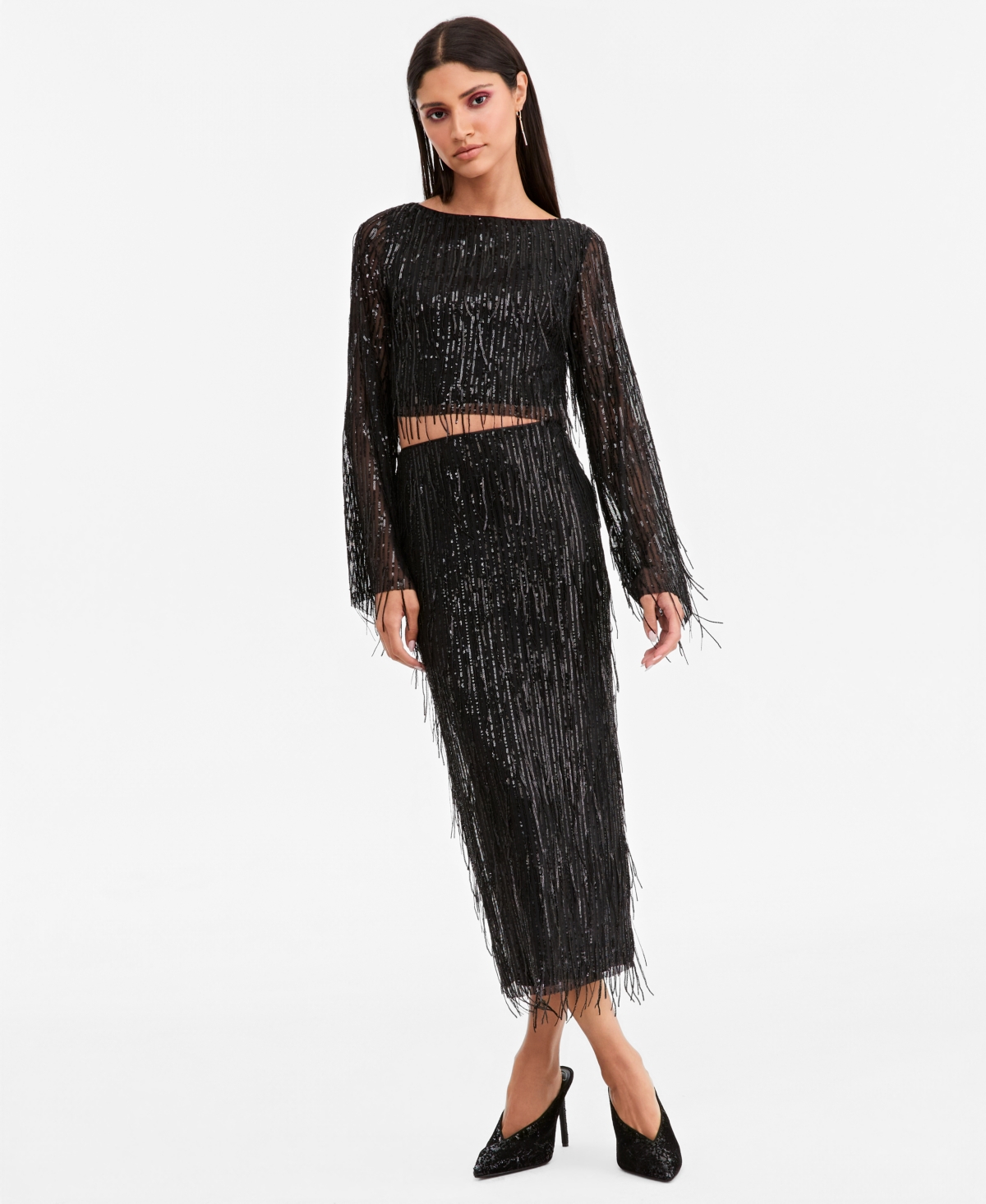 Lapointe X Macy's Women's Boat Neck Sequin Fringe Long-Sleeve Crop Top, Exclusive