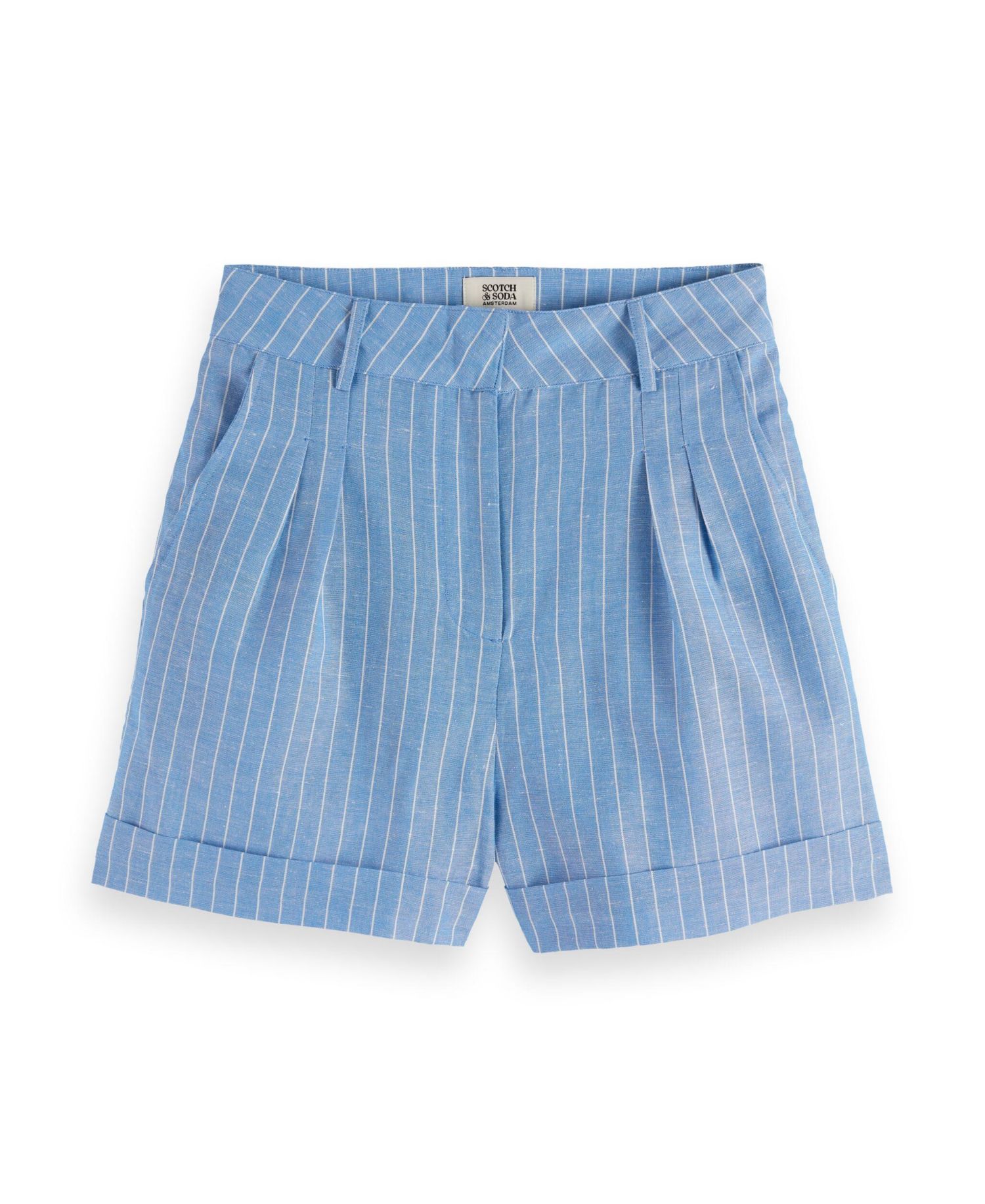 Women's High Rise Linen Printed Shorts, Blue and White Pin Stripe, XSmall