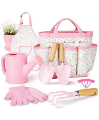 Gardening Tools Kit Wooden Rake Shovels Gloves Watering Can Apron Tote Bag Kids Outdoor