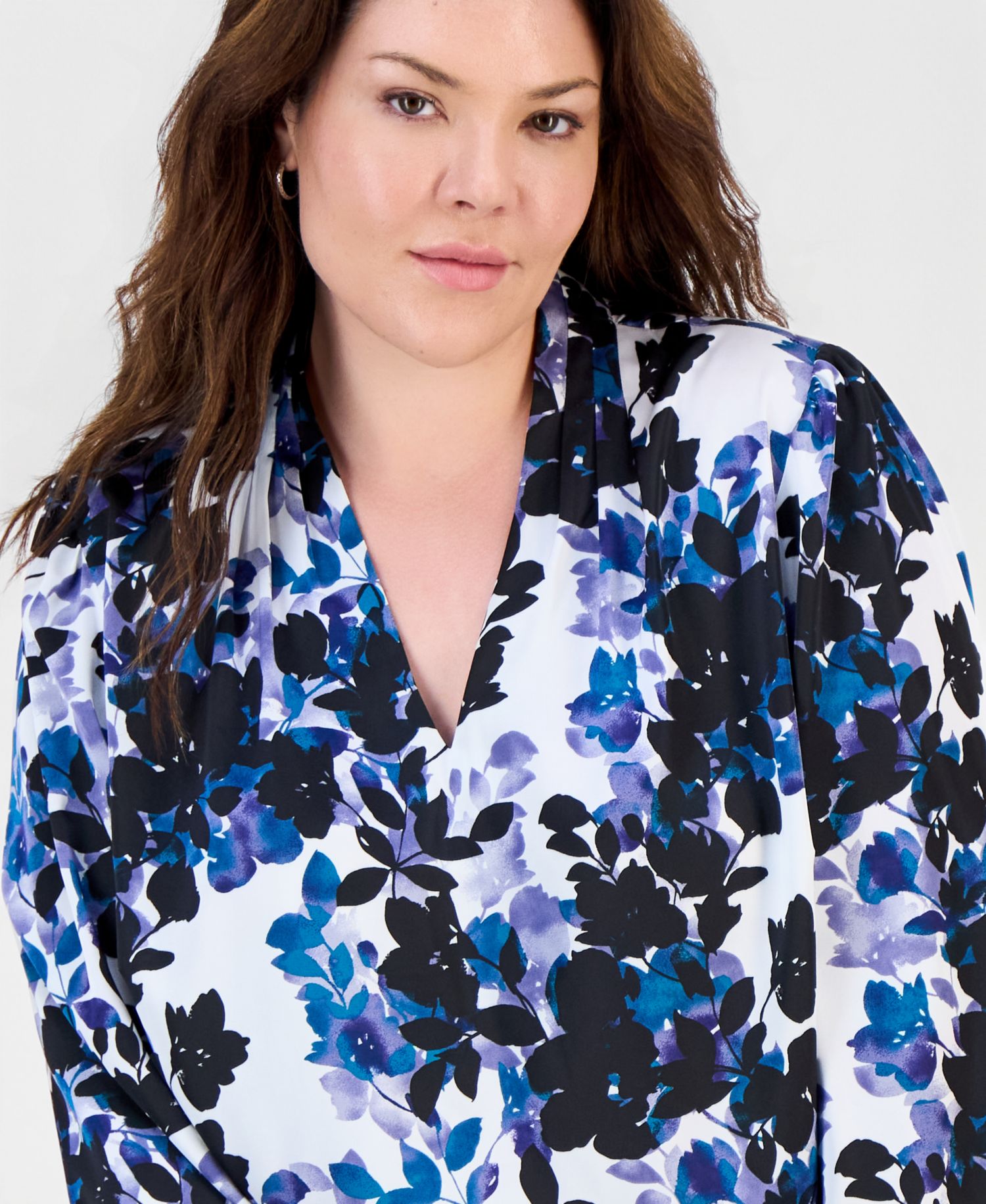 Plus Size Floral-Print V-Neck Blouson-Sleeve Blouse