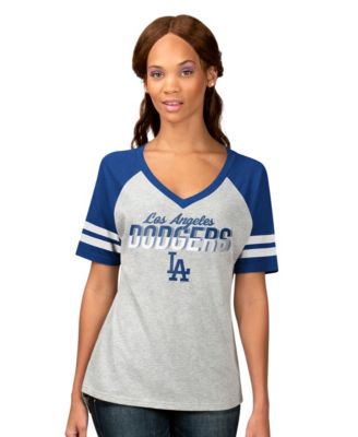 Women's Heather Gray Los Angeles Dodgers Goal Line Raglan V-Neck T-Shirt