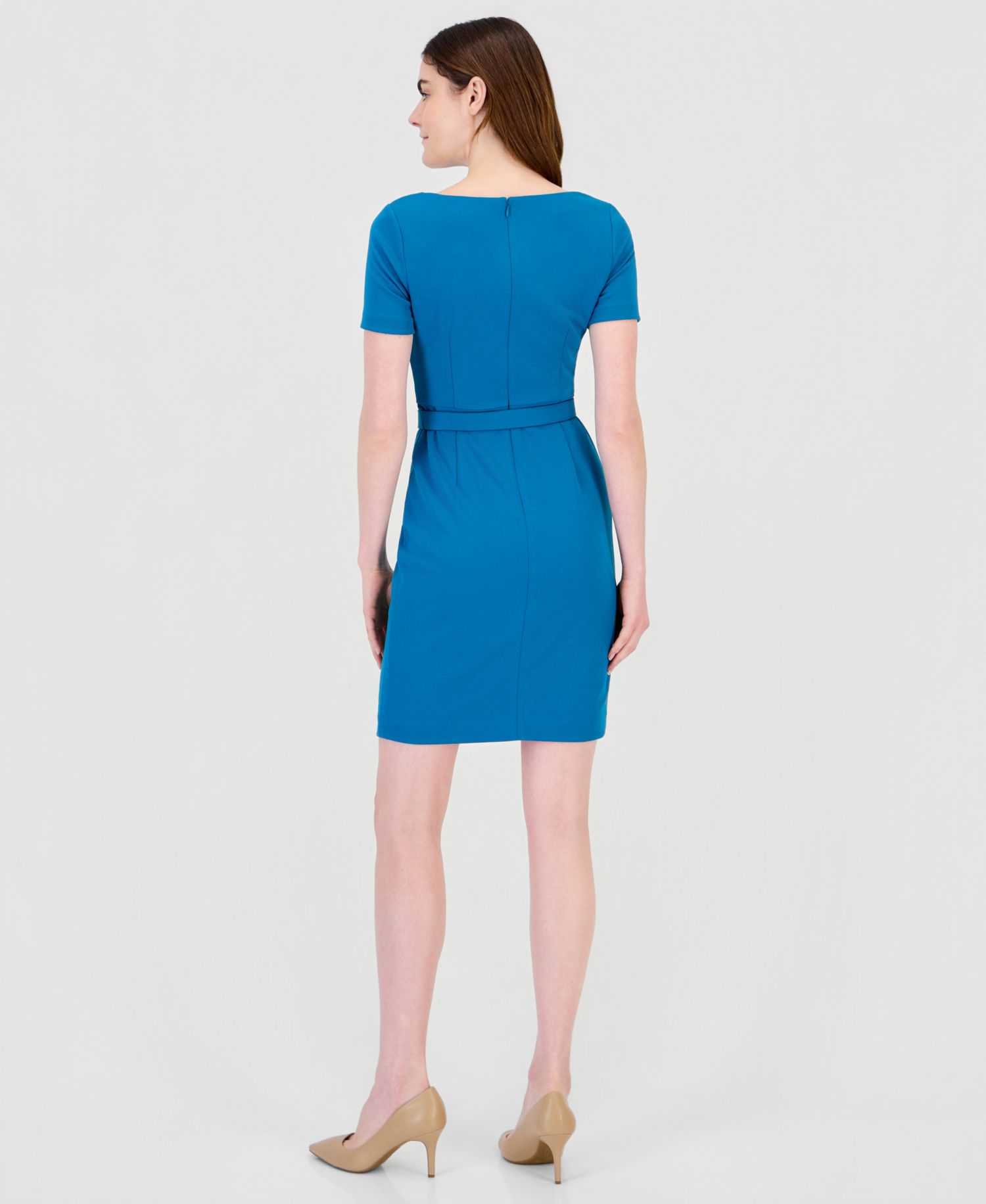 Petite Short-Sleeve Pleated Asymmetrical-Neckline Dress