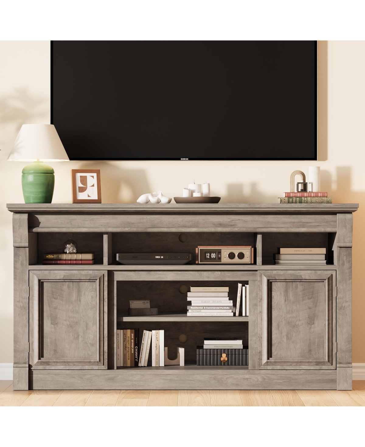 homfan Farmhouse Fireplace Tv Stand, 58 Inch Entertainment Center with 36 Electric Fireplace, 3D Realistic Flame, Media Console for Living Room