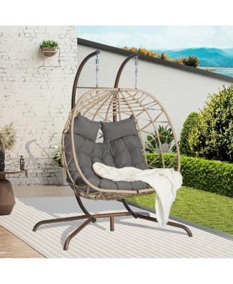 2-Person Rattan Hanging Egg Chair with Stand, Double Outdoor Swing
