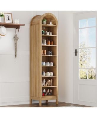 Tall Shoe Cabinet, 70" Arched Shoe Storage Cabinet with 8 Tiers, Wooden Shoe Rack Cabinet with Adjustable Shelves