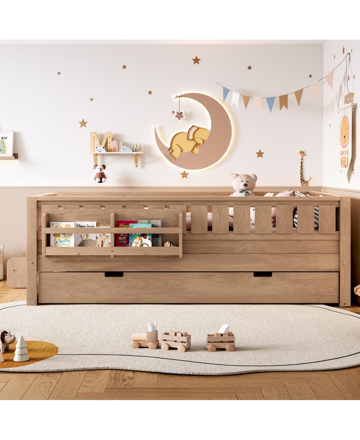 Streamdale Furniture Twin Bed with Bookshelves Staircase Safety Rails and Trundle