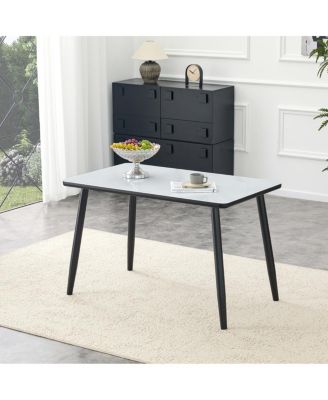 Modern Minimalist Rectangular Dining Table with Marble-Look Glass Top