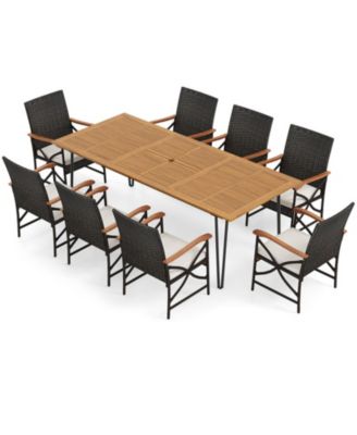 Wicker Patio Furniture Set of 8 Armchairs Acacia Wood Table and Cushions