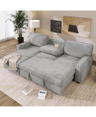 Upholstery Sleeper Sectional Sofa with Storage USB Port and 2 Cup Holders