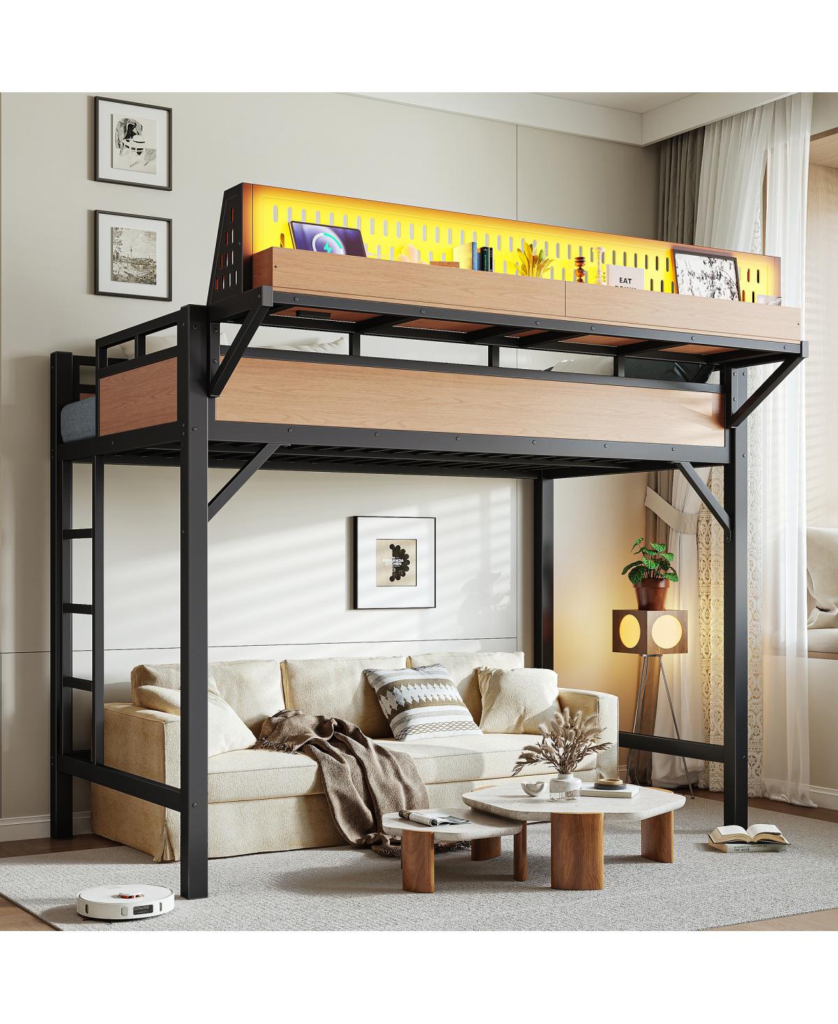 Streamdale Furniture Metal Loft Bed with Storage Pegboard Usb Ports and Led Lights