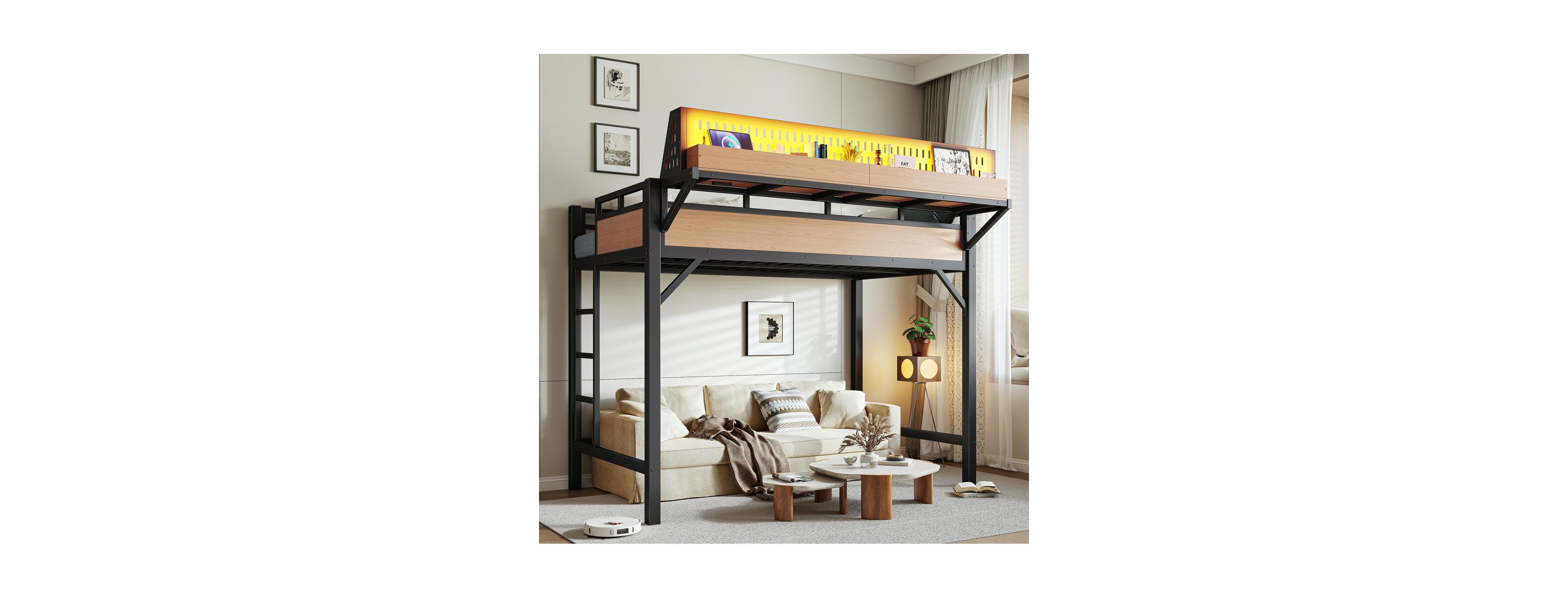 Streamdale Furniture Metal Loft Bed with Storage Pegboard Usb Ports and Led Lights