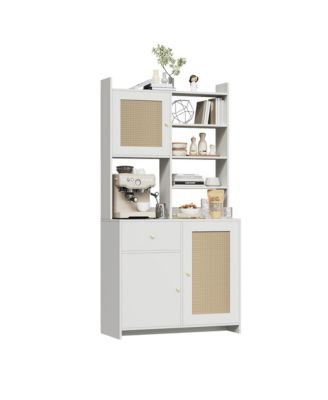 71 Inch Tall Kitchen Pantry Cabinet with Rattan Doors Storage Hutch with Microwave Stand and Adjustable Shelves