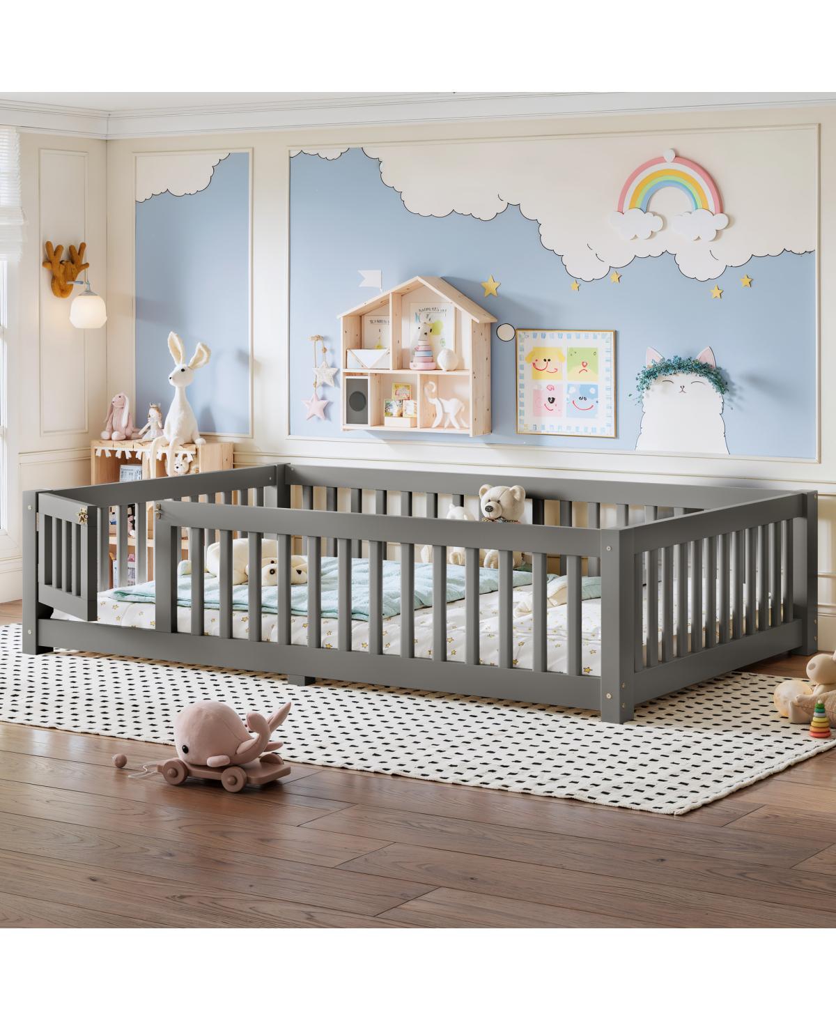 Streamdale Furniture Full Size Bed Floor Bed with Safety Guardrails and Door for Kids