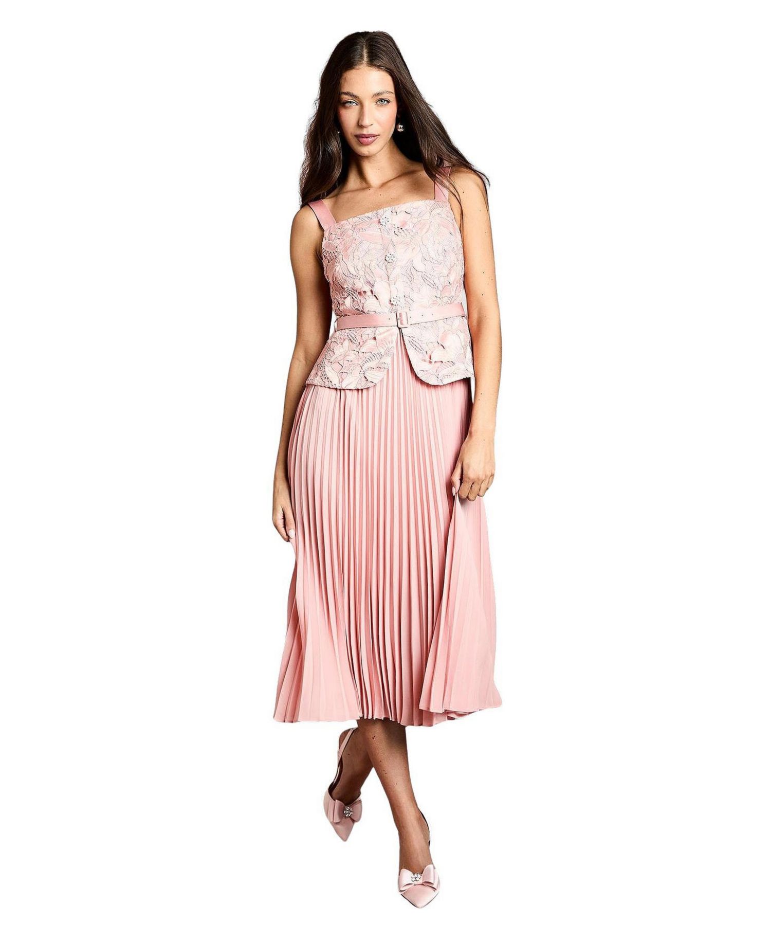 Women's Lace Peplum Belted Midi Dress