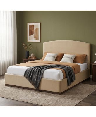  Queen Size Velvet Upholstered Bed Frame with Thick Headboard Camel