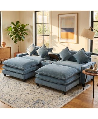 111'' Chenille Sectional Sofa with Storage Ottomans and USB Ports