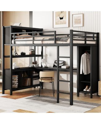 Metal Loft Bed with Wardrobe L-Shaped Desk and Storage