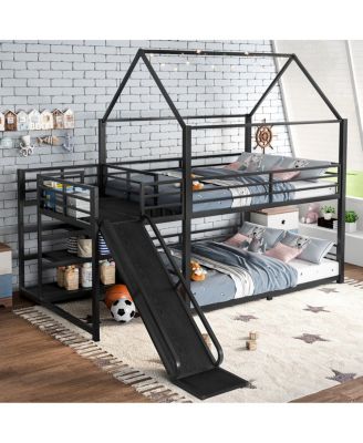 Full Metal House Bunk Bed with Storage Stairs Slide Safety Rails