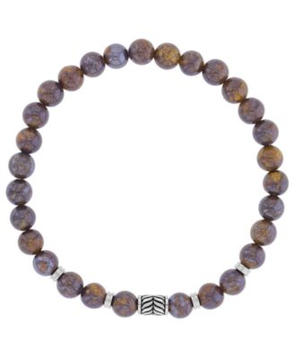 Men's Platinum-Plated Brown Textured Beads Stretch Bracelet