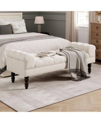 Button-Tufted Upholstered End of Bed Bench with Rolled Arms
