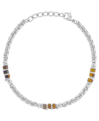 Men's Platinum-Plated Steel Tiger Eye Cylinder Bracelet