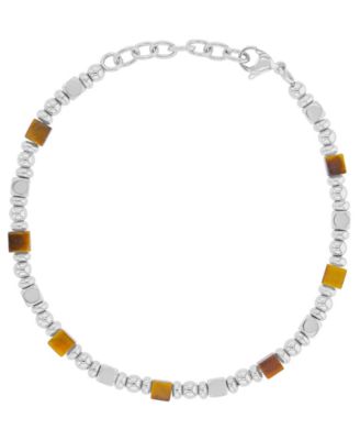 Men's Platinum-Plated Steel Tiger Eye Square Bracelet