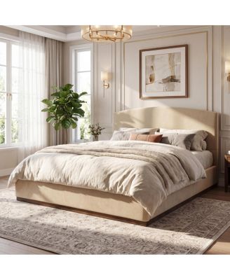 King Size Velvet Upholstered Bed Frame with Thick Headboard Camel