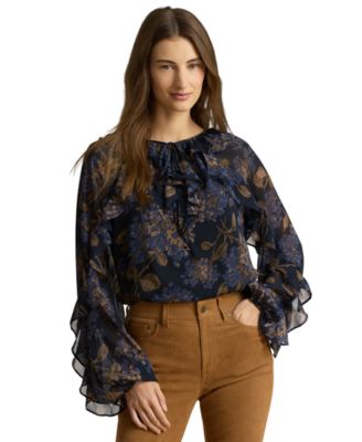 Petite Ruffle-Trim Long-Sleeve Blouse