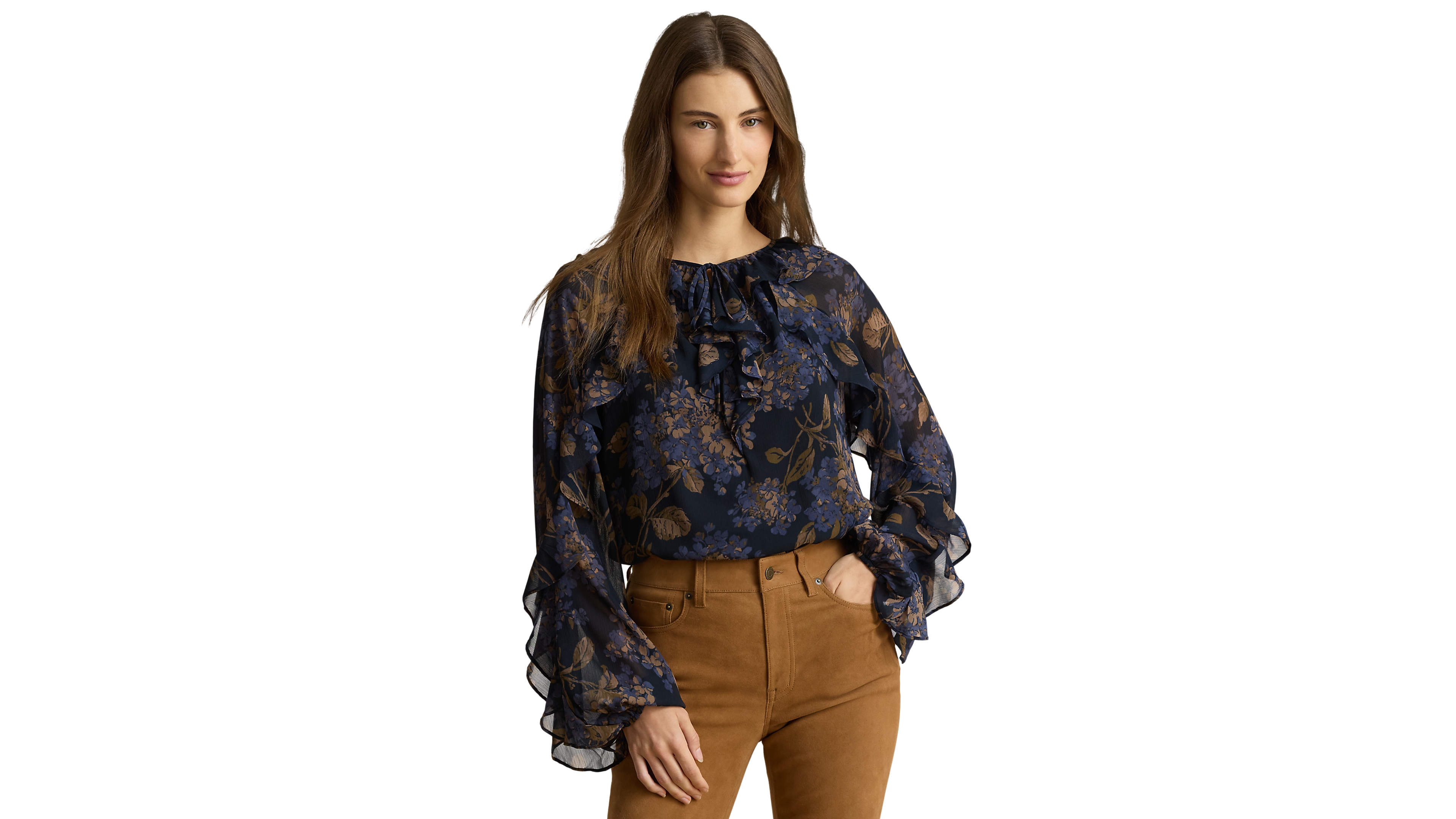 Lauren Ralph Petite Floral Crinkle Georgette Ruffle-Trim Tie-Neck Blouse