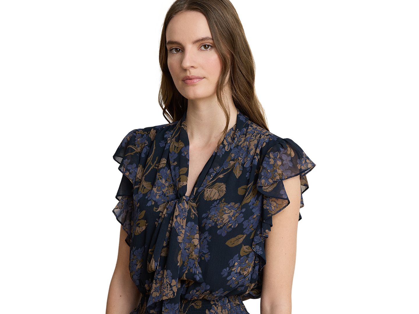 Женское платье Lauren Ralph Lauren Petite Floral Crinkle Georgette Tie-Neck Midi, цвет: Тёмно-синий разноцветный — фото 3