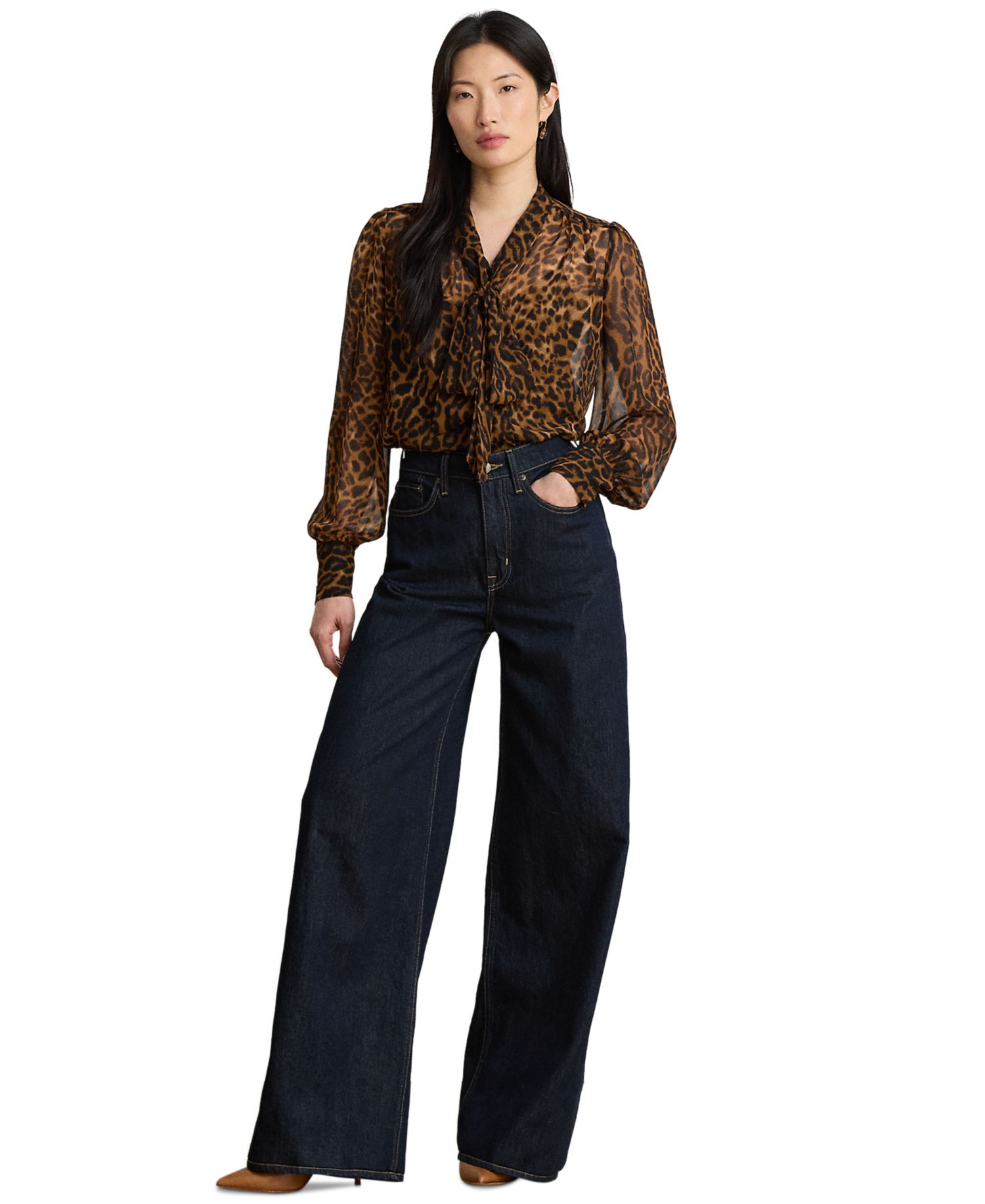 Petite Ocelot-Print Chiffon Tie-Neck Blouse