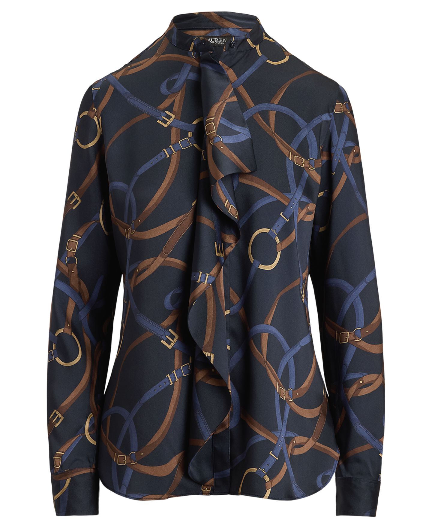 Женская рубашка Lauren Ralph Lauren Belting-Print Ruffle-Trim Twill, цвет: Тёмно-синий разноцветный — фото 6