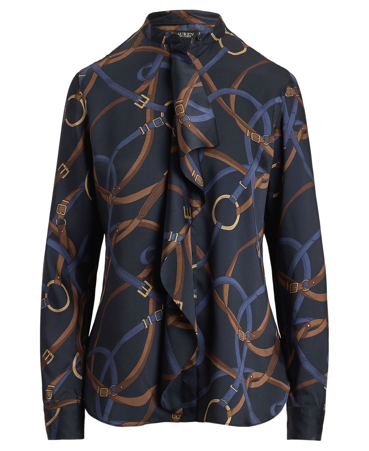 Petite Belting-Print Ruffle-Trim Twill Shirt
