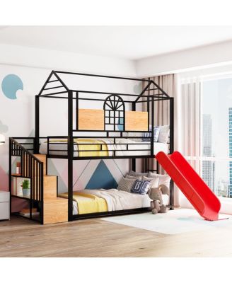 Twin Over Twin Metal House Bunk Bed with Slide and Storage Stairs