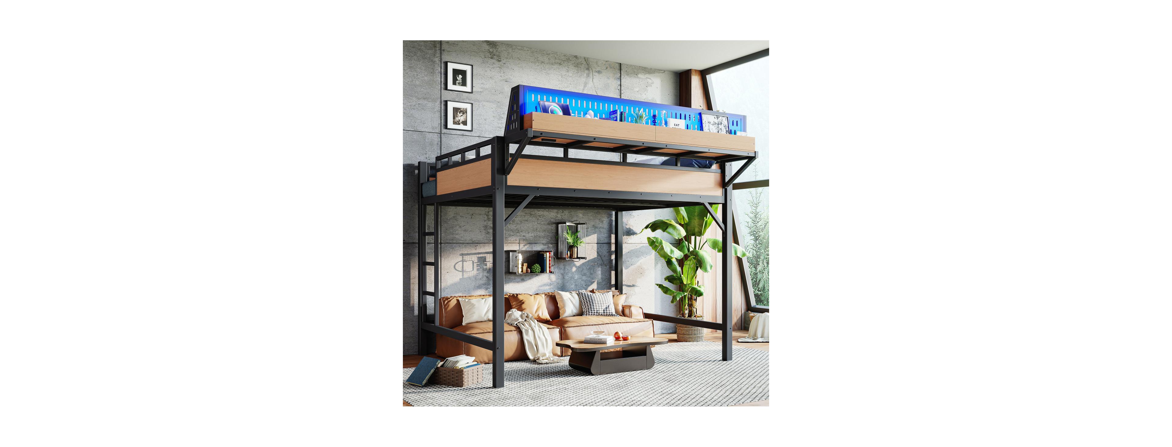 Streamdale Furniture Loft Bed with Storage Pegboard Usb Ports and Led Lights