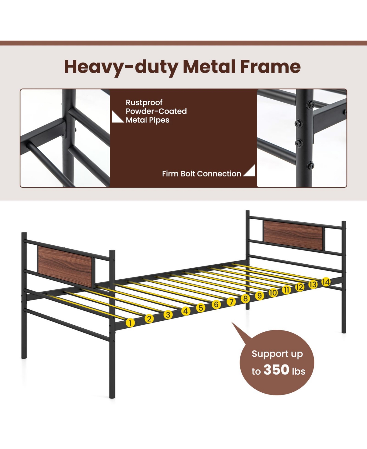 Gouun Twin Size Metal Daybed with Trundle and Wood Grain Headboard