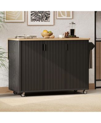 51'' Fluted Farmhouse Kitchen Island with Drop Leaf and Rolling Storage Cart