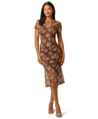 Women's Embroidered Mermaid Boat Neck Midi Dress